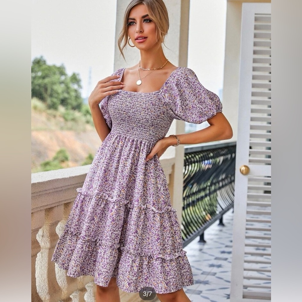 Floral Puff Sleeve Dress with Frill